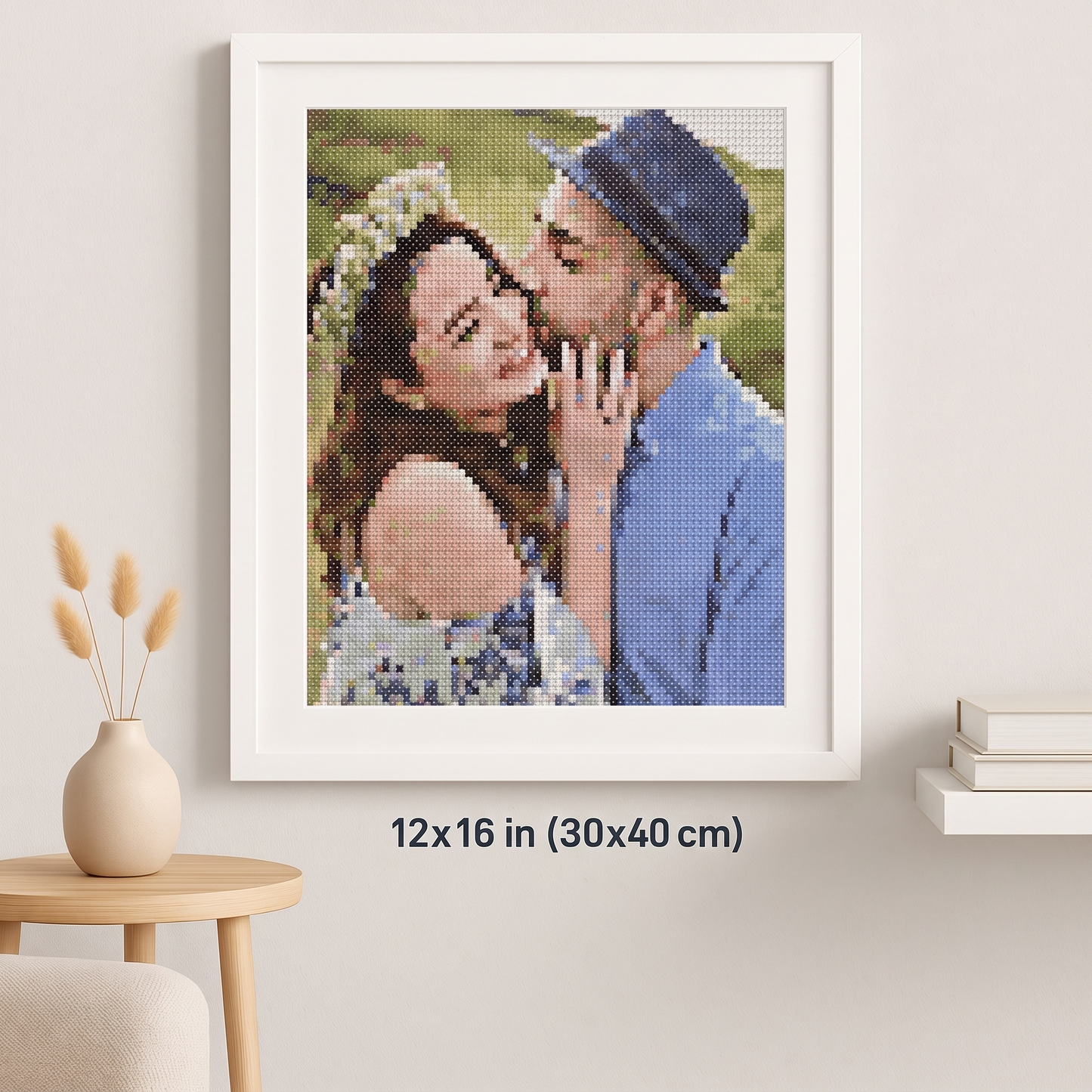 Custom Cross Stitch Tapestry Kit | Just Upload Your Photo! - 12x16 wall mockup, couple portrait