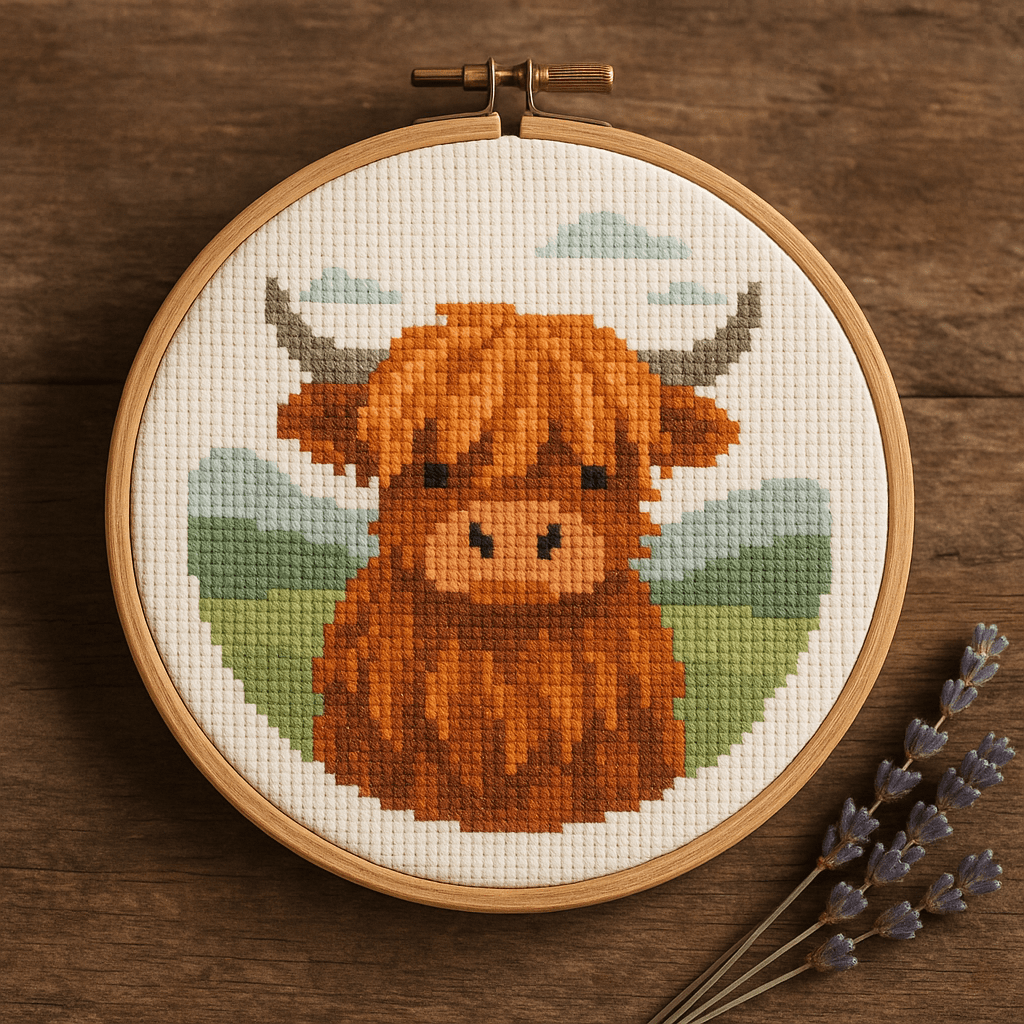Highland Cow Cross Stitch Kit | Scottish Coo Design – Cross Stitched