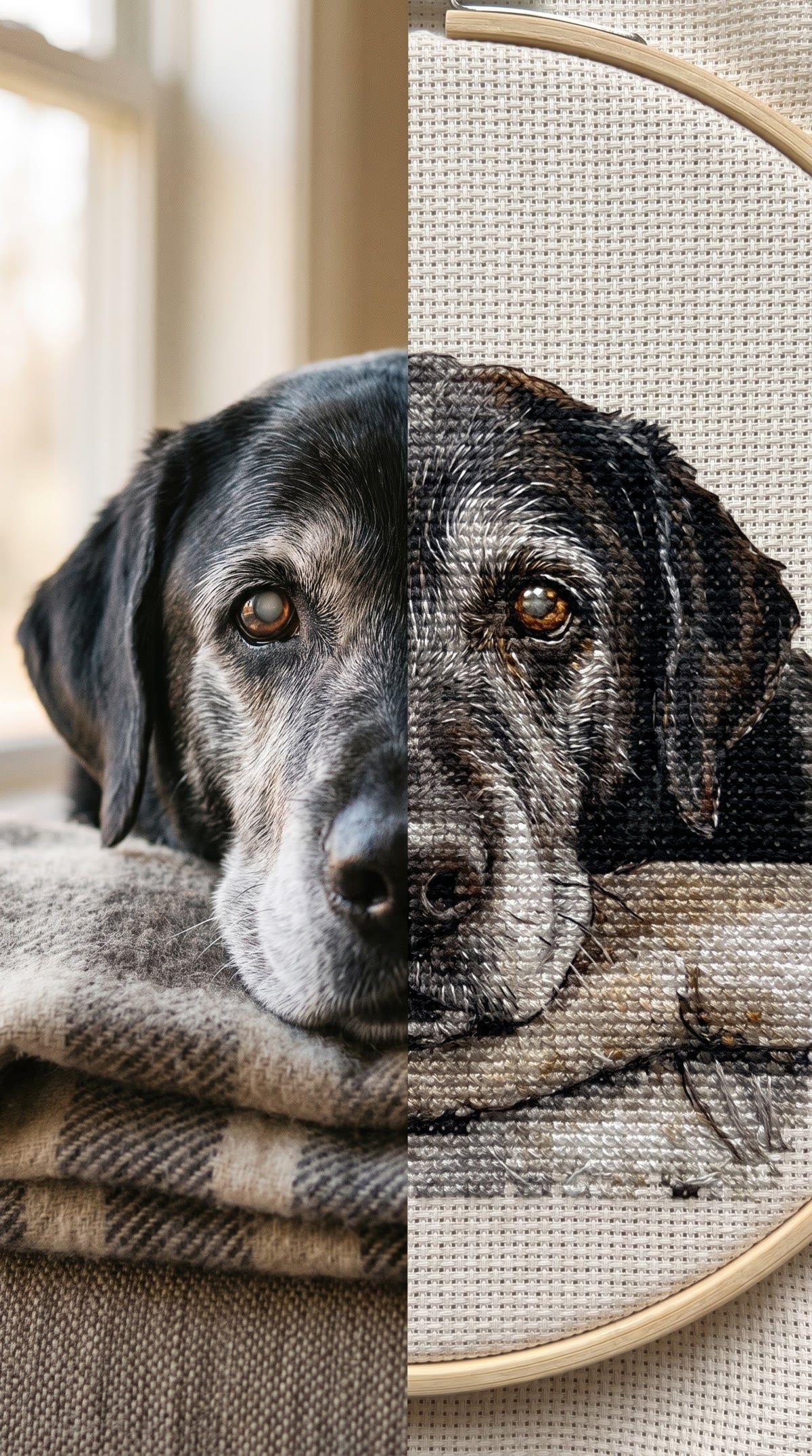 Pet photo turned into a custom memorial cross stitch kit — photograph on the left, finished stitching in a hoop on the right