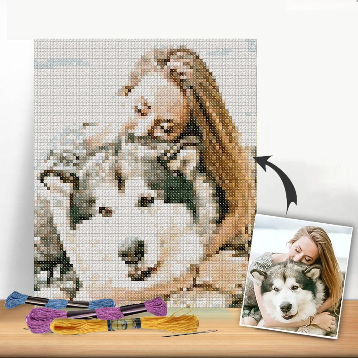 Cross Stitch | Alpaca - Girl Petting Dog - Cross Stitched