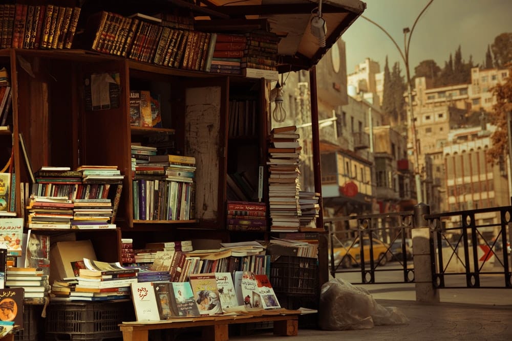 Cross Stitch | Amman - Books On Brown Wooden Shelf - Cross Stitched