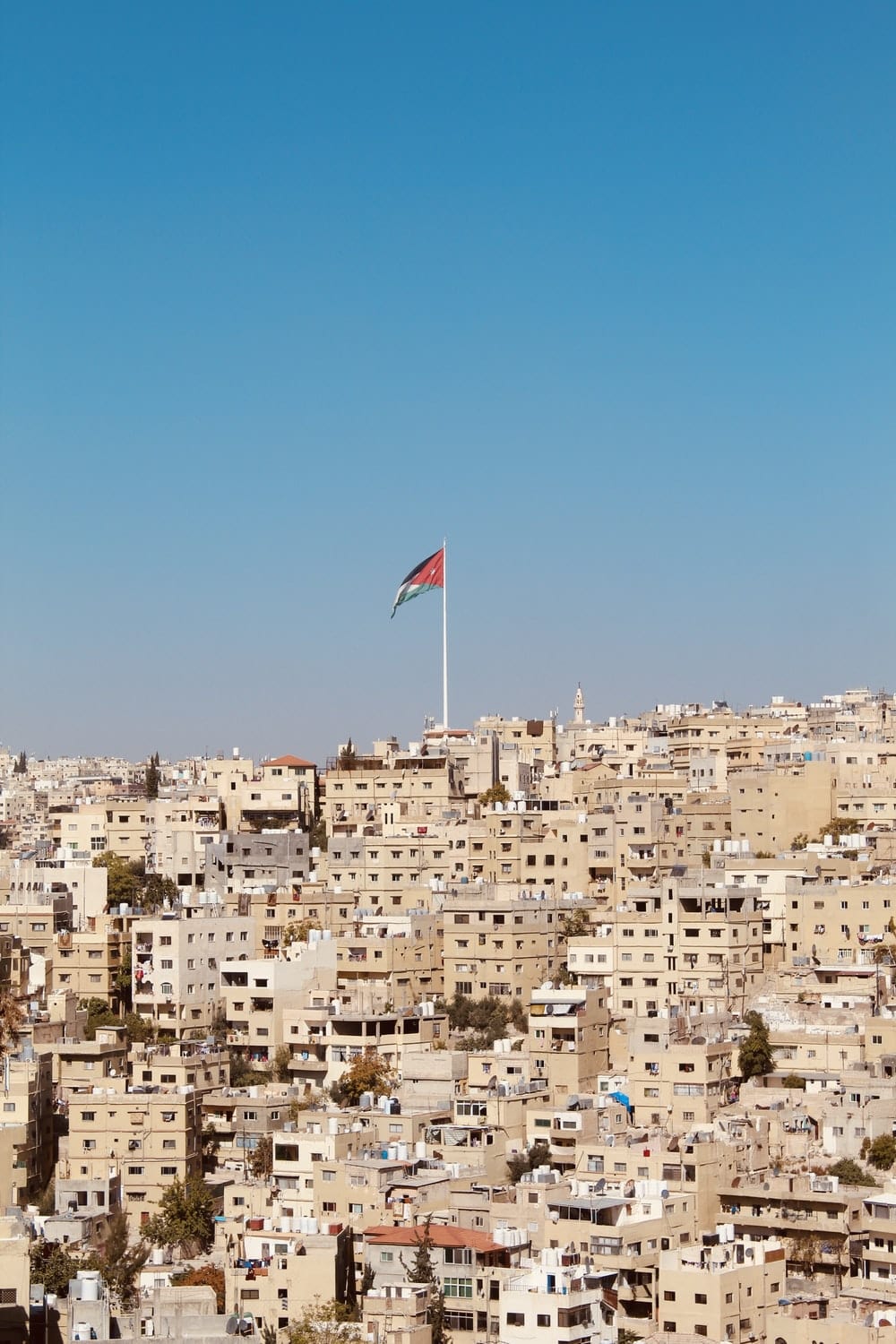 Cross Stitch | Amman - Brown Houses With Red And Blue Flag Waving On Pole - Cross Stitched