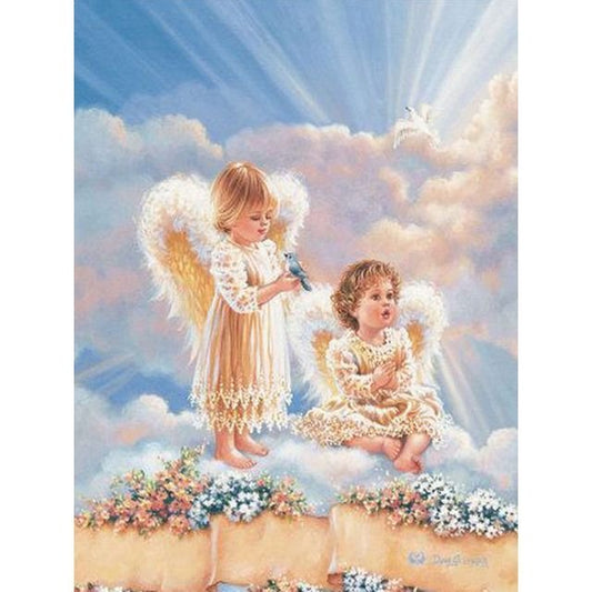 Cross Stitch | Angels Playing with Bird - Cross Stitched
