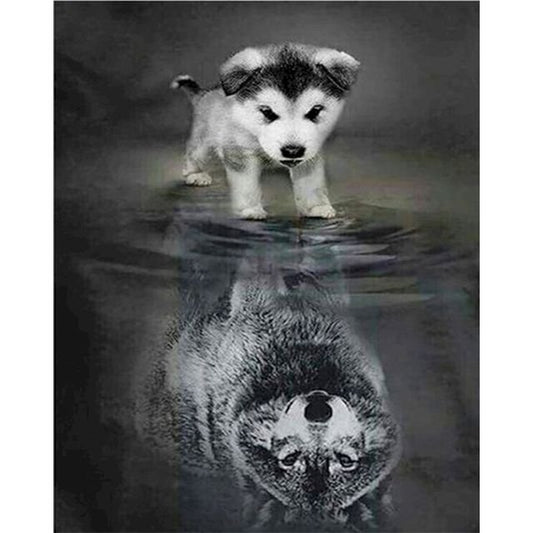 Cross Stitch | Baby Siberian Husky Reflection - Cross Stitched