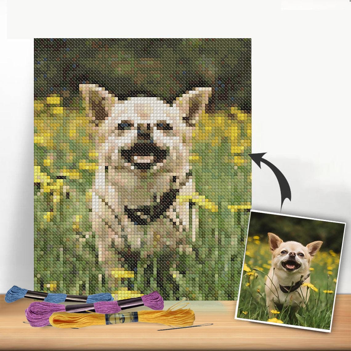 Cross Stitch | Basset Hound - White And Brown Dog On Grasses - Cross Stitched