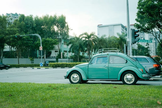 Cross Stitch | Beetle - Teal Volkswagen Beetle Parked On Gray Concrete Road During Daytime - Cross Stitched