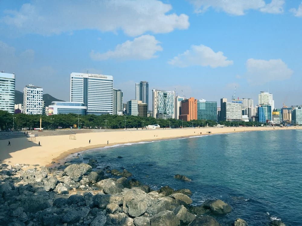 Cross Stitch | Busan - Blue Beach Under Blue Sky - Cross Stitched