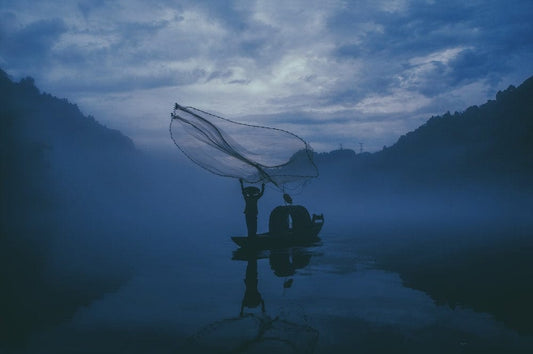 Cross Stitch | Chenzhou - Person Fishing In A Body Of Water During Nightime - Cross Stitched