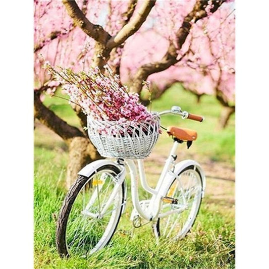 Cross Stitch | Cherry Blossom and White Bicycle - Cross Stitched