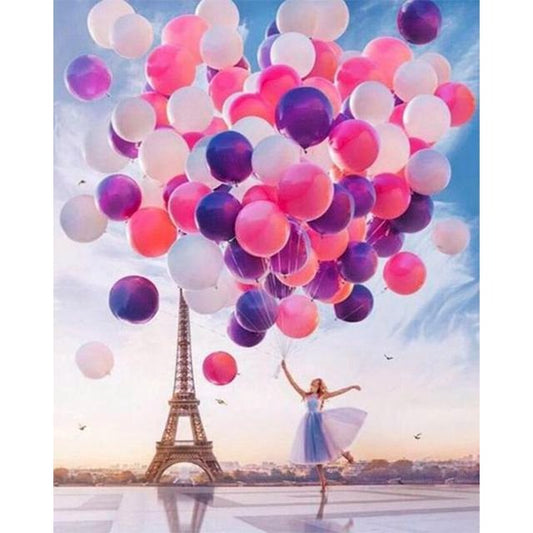 Cross Stitch | Dancing Lady with Balloons in Paris - Cross Stitched