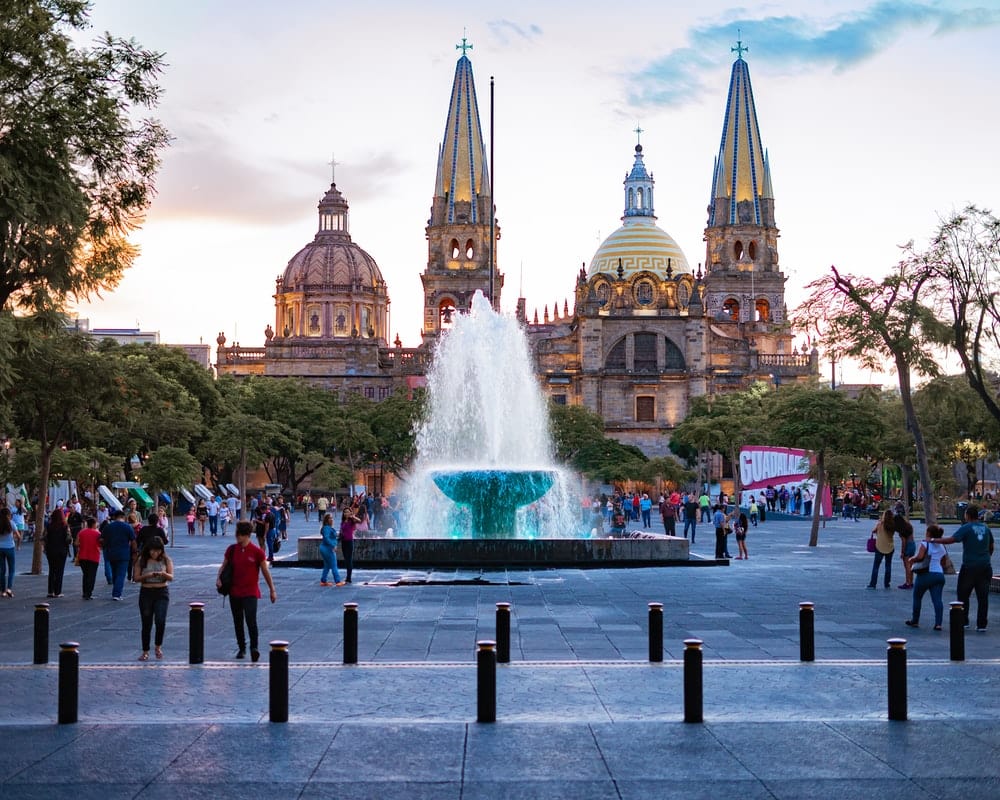 Cross Stitch | Guadalajara - People Near Water Fountain - Cross Stitched