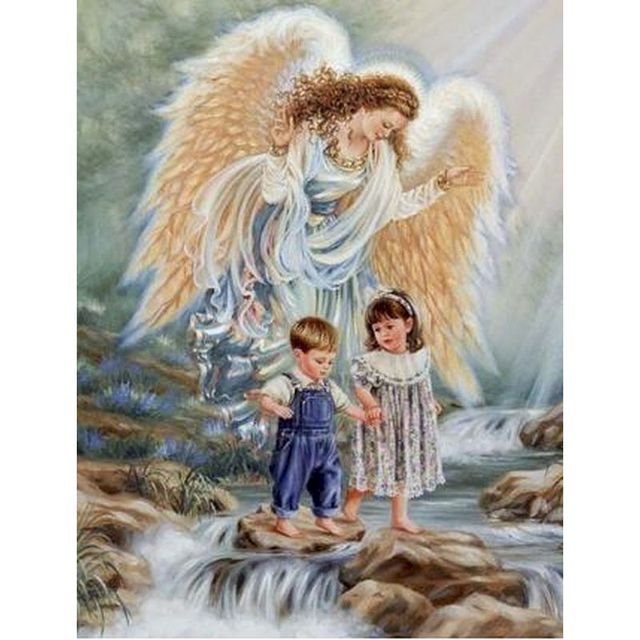 Cross Stitch | Guardian Angel Watching Over Kids - Cross Stitched