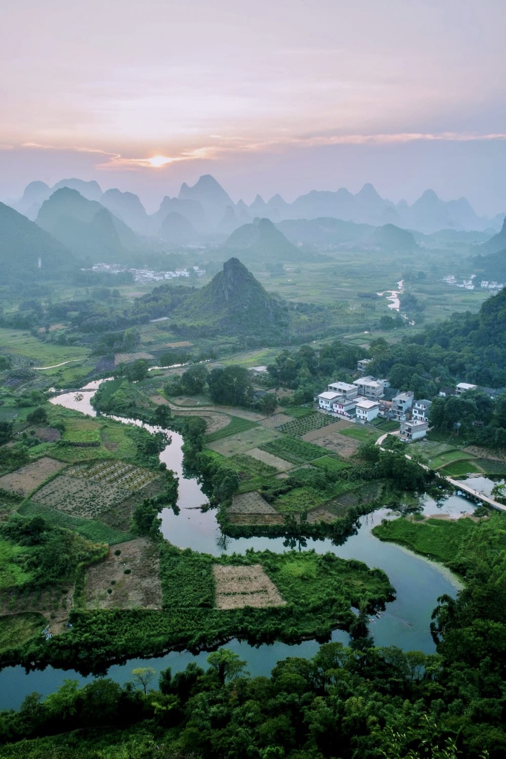 Cross Stitch | Guilin - Aerial View Of Green Trees And Mountains During Daytime - Cross Stitched