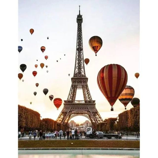 Cross Stitch | Hot Air Balloons at the Eiffel Tower - Cross Stitched
