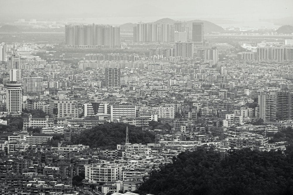 Cross Stitch | Jiangmen - Aerial View Of City Grayscale Photo - Cross Stitched