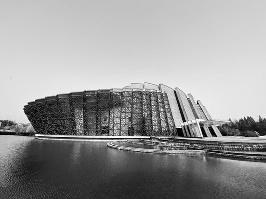 Cross Stitch | Jiaxing - Grayscale Photo Of Building Near Body Of Water - Cross Stitched