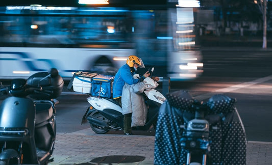 Cross Stitch | Jinan - Man In Blue Jacket And Black Helmet Riding On Blue Motorcycle - Cross Stitched