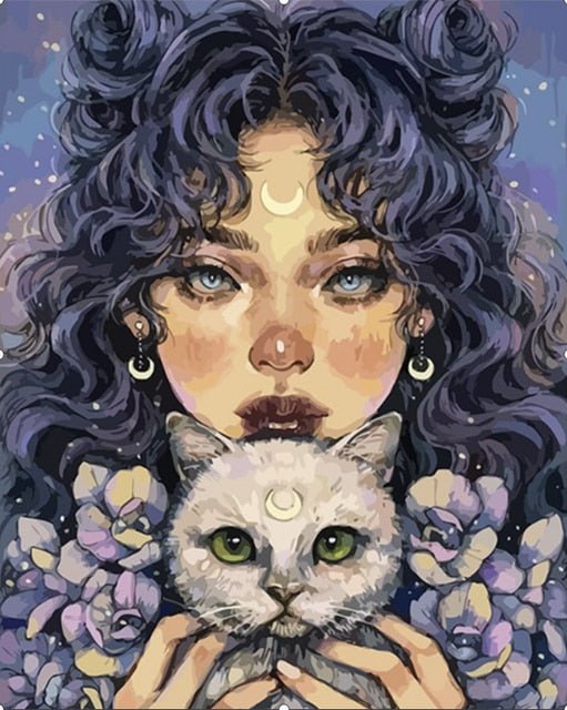 Cross Stitch | Lady Moon and Cat - Cross Stitched