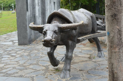 Cross Stitch | Ox - Black Water Buffalo Statue On Gray Concrete Floor - Cross Stitched