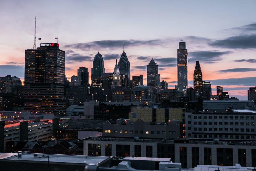 Cross Stitch | Philadelphia - Lighted Buildings At Golden Hour - Cross Stitched