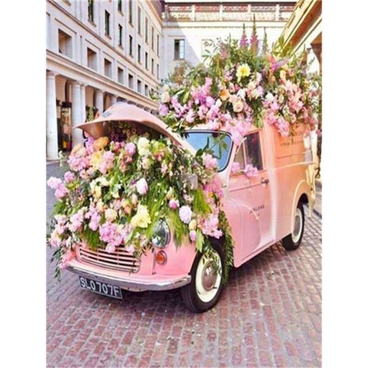 Cross Stitch | Pink Car Full of Flowers - Cross Stitched