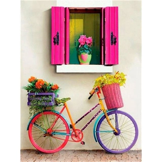 Cross Stitch | Pink Window and Bicycle - Cross Stitched