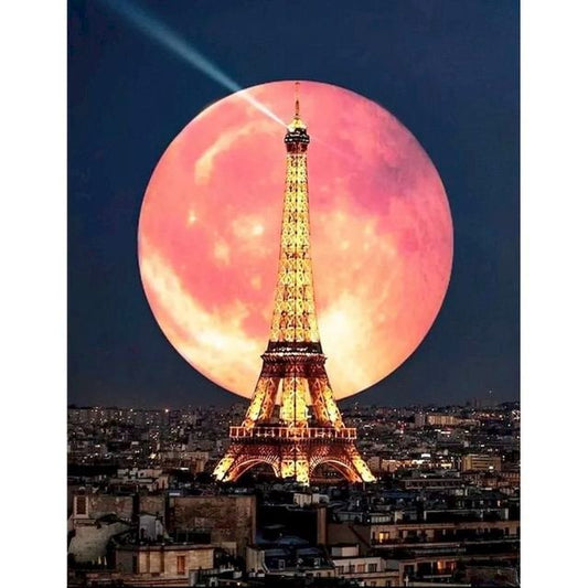 Cross Stitch | Rare Moon in Eiffel Tower - Cross Stitched