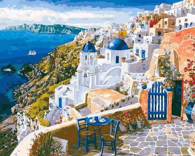 Cross Stitch | Santorini City and The Sea - Cross Stitched