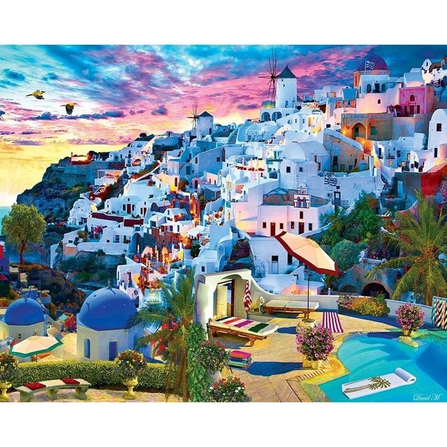 Cross Stitch | Santorini Sunset View - Cross Stitched