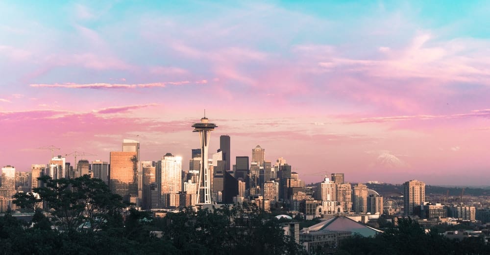 Cross Stitch | Seattle - Highrise Buildings Under Pink And Blue Sky During Daytime - Cross Stitched