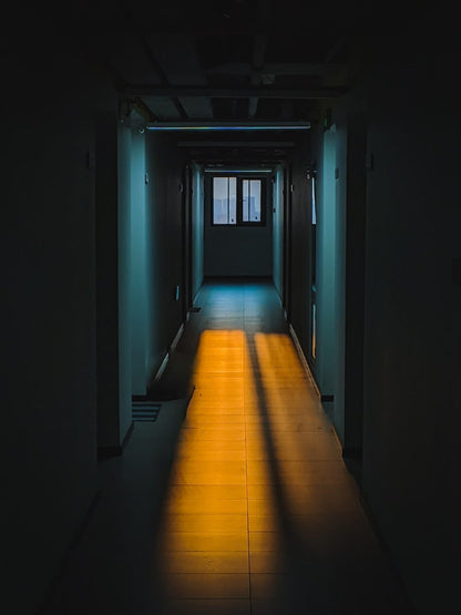 Cross Stitch | Shenzhen - Brown Wooden Hallway With Blue Wooden Doors - Cross Stitched