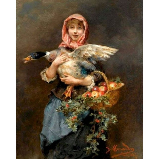 Cross Stitch | Woman Carrying Basket and Duck - Cross Stitched