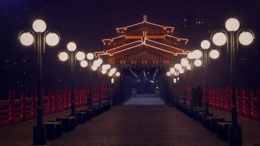 Cross Stitch | Xianyang - Brown Wooden Building With Lights Turned On During Night Time - Cross Stitched
