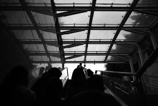 Cross Stitch | Zhaoqing - People On The Stairs Grayscale Photo - Cross Stitched
