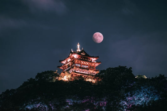 Cross Stitch | Zhenjiang - Brown And White Temple Under Full Moon - Cross Stitched