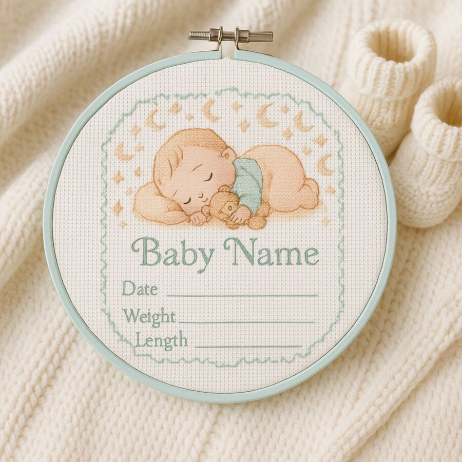 Custom baby birth announcement cross stitch kit with name, date, and stats