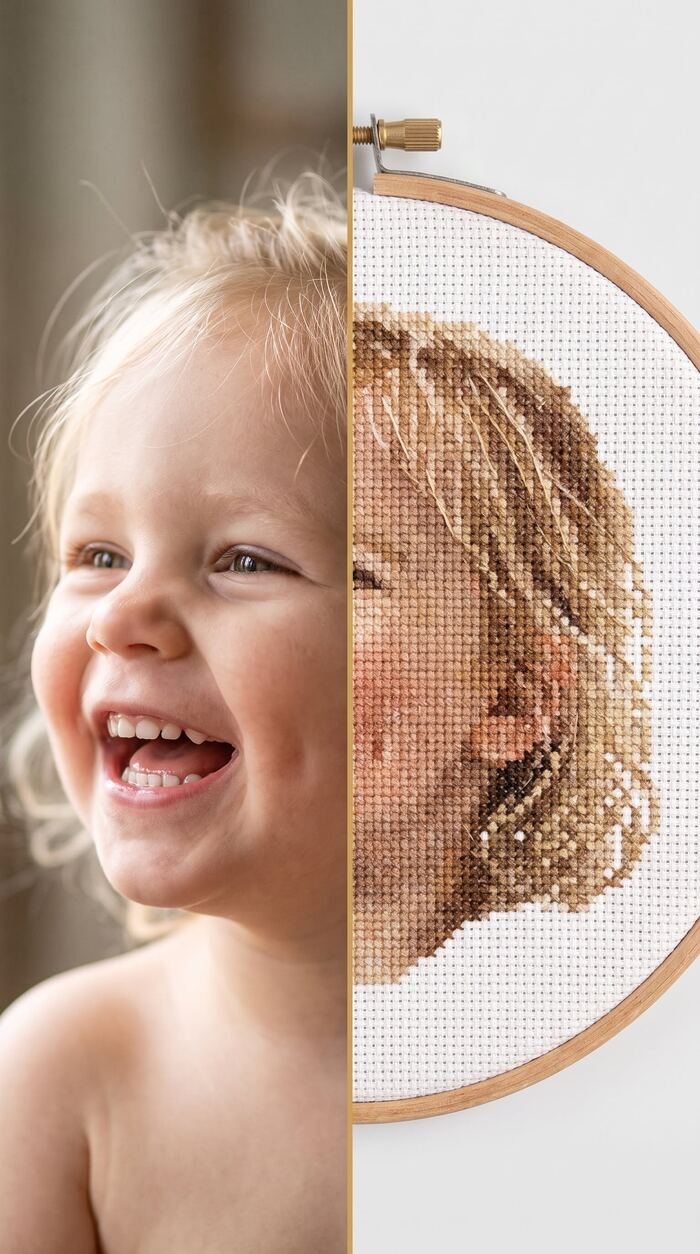 Child photo transformed into a custom cross stitch portrait, before and after