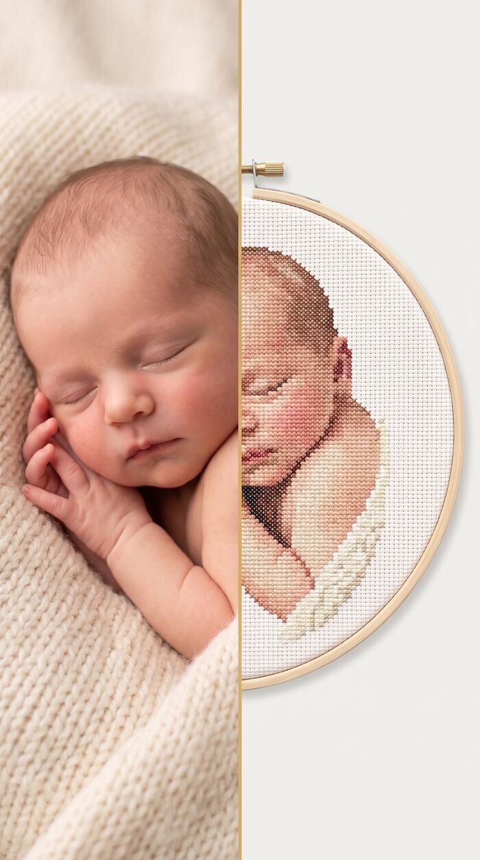 Newborn baby photo transformed into a custom cross stitch portrait, before and after
