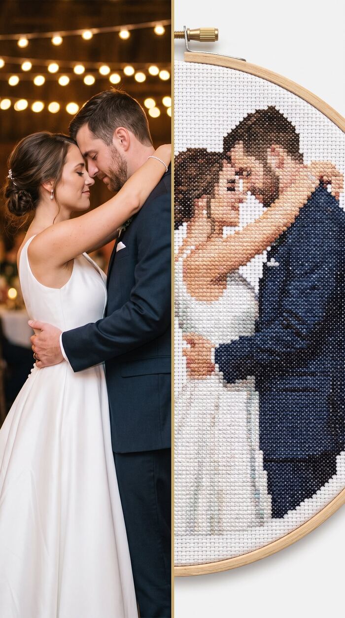 Wedding couple photo transformed into a custom cross stitch portrait, before and after