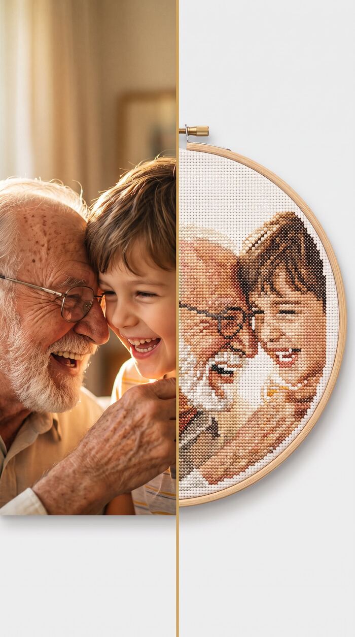 Grandfather and grandchild photo transformed into a custom cross stitch portrait, before and after