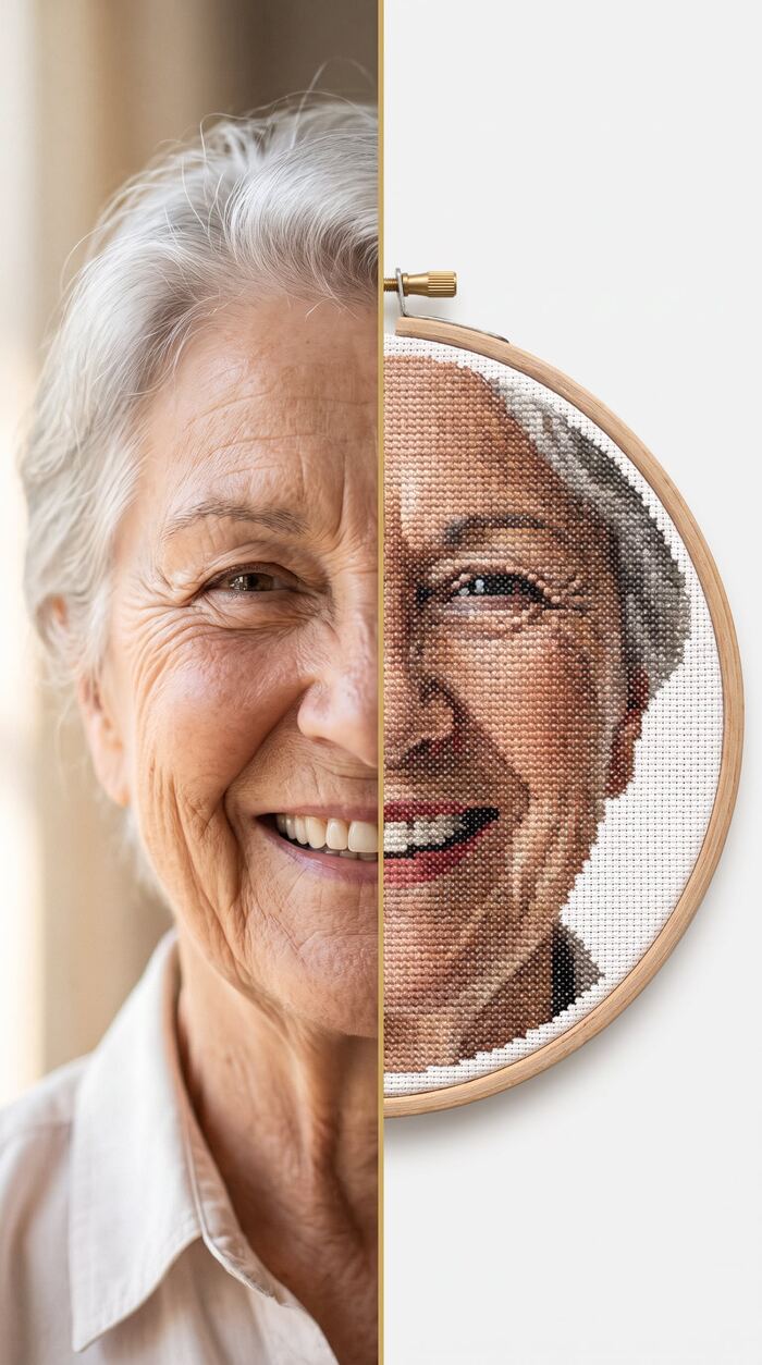 Photo of a loved one transformed into a custom cross stitch memorial portrait, before and after