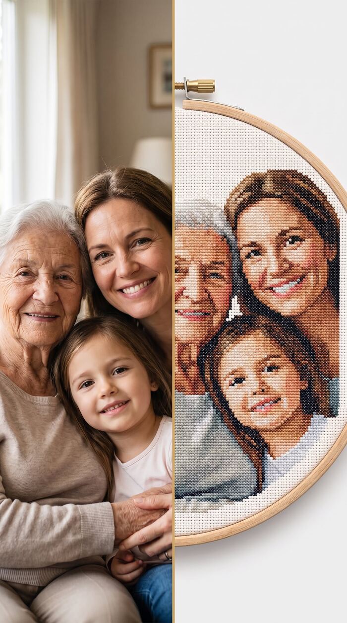 Three-generation family photo transformed into a custom cross stitch portrait, before and after