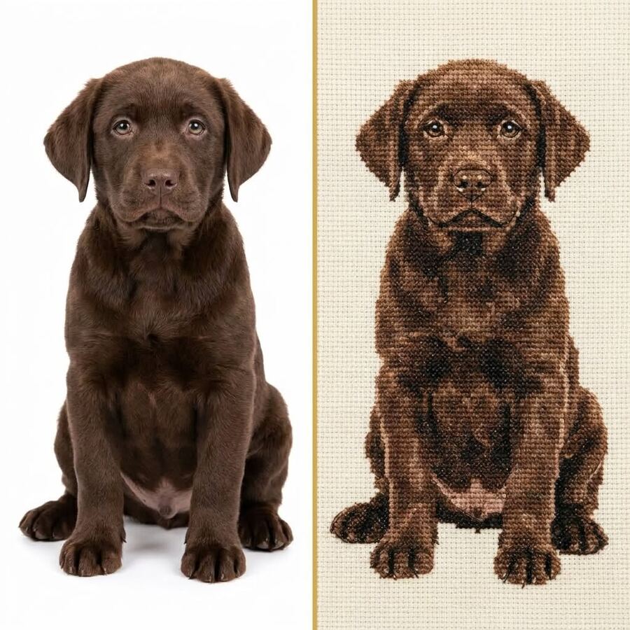 Chocolate labrador photo transformed into a custom cross stitch portrait, before and after