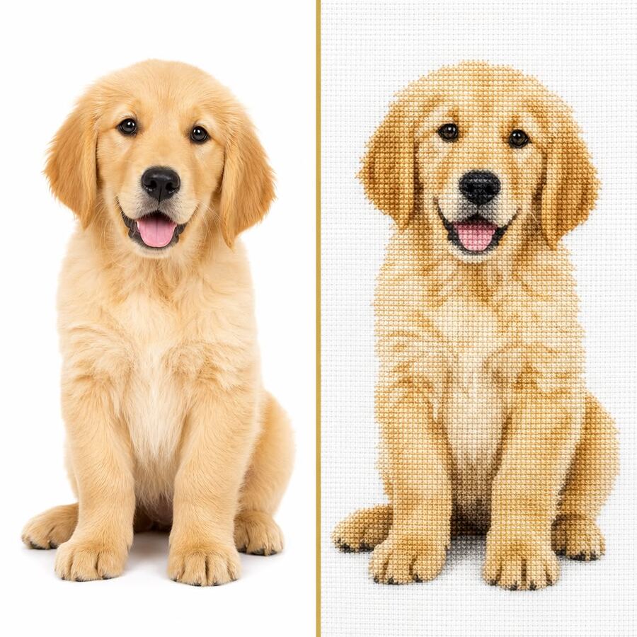 Golden retriever photo transformed into a custom cross stitch portrait, before and after