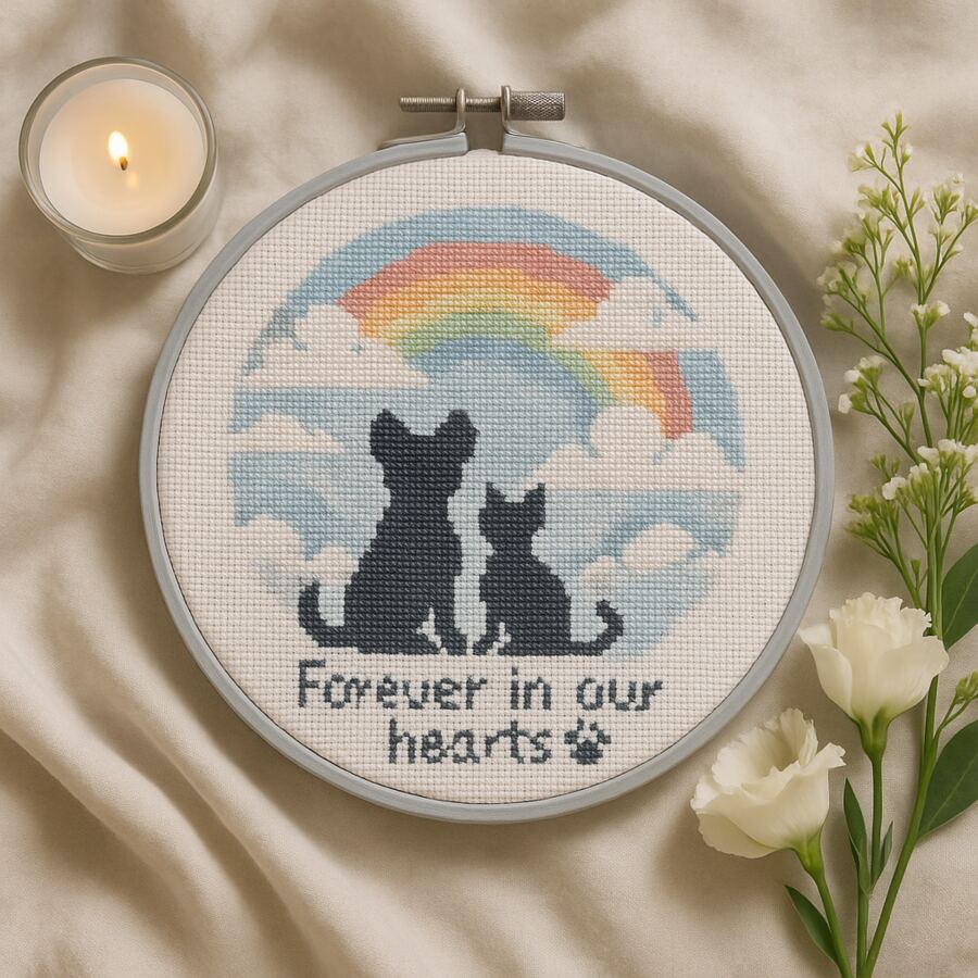 Custom pet memorial cross stitch kit with rainbow bridge design