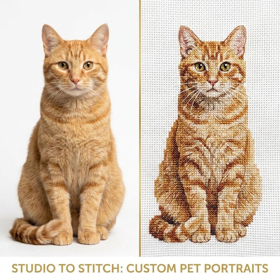 Tabby cat photo transformed into a custom cross stitch portrait, before and after